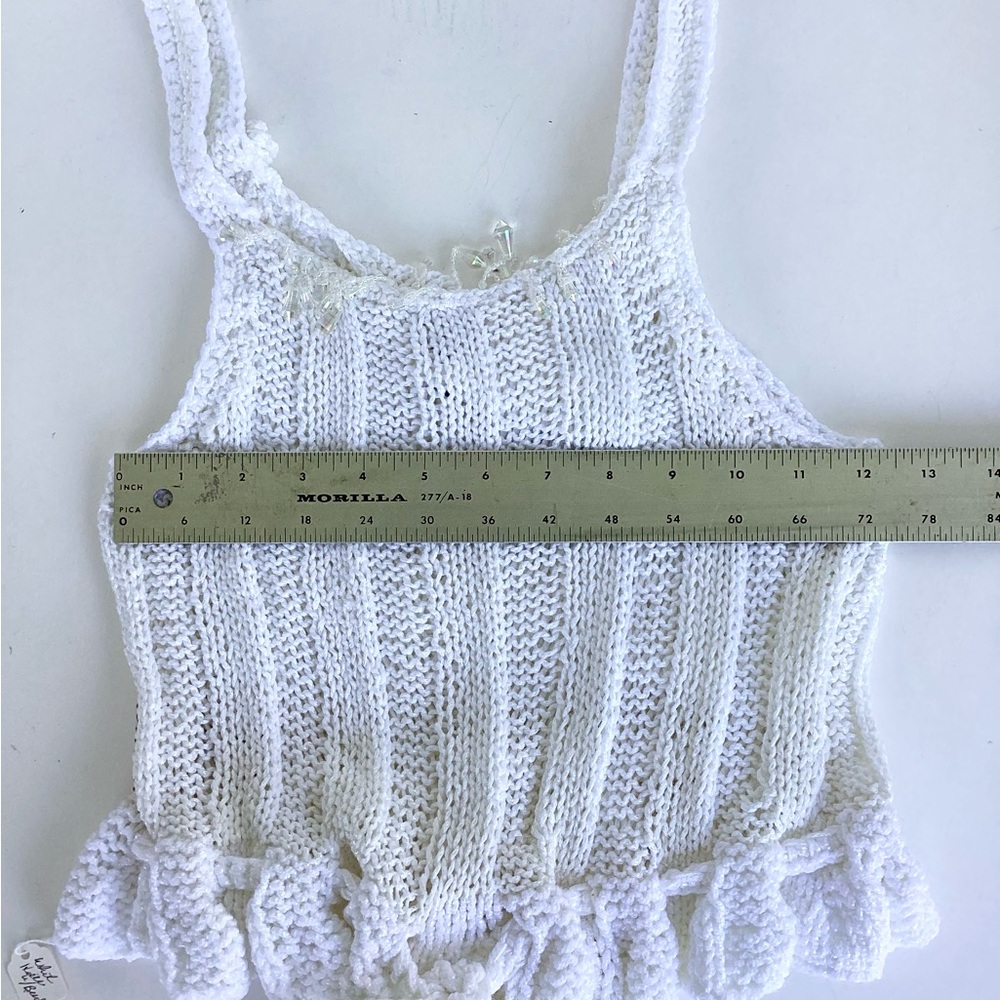 Crop Top Hand Crafted Crochet Halter White Ribbed Tank Boho Ruffle Crystals - Picture 10 of 16